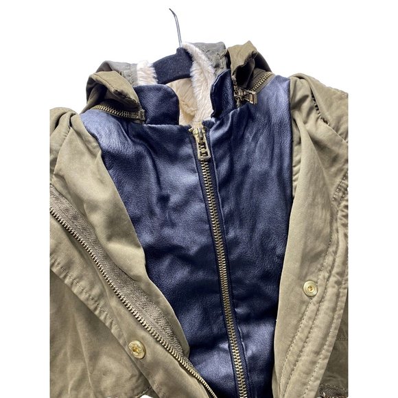 Green Zara Leather and Khaki Winter/Fall Coat Parka L -As is front zipper broken - Picture 5 of 16
